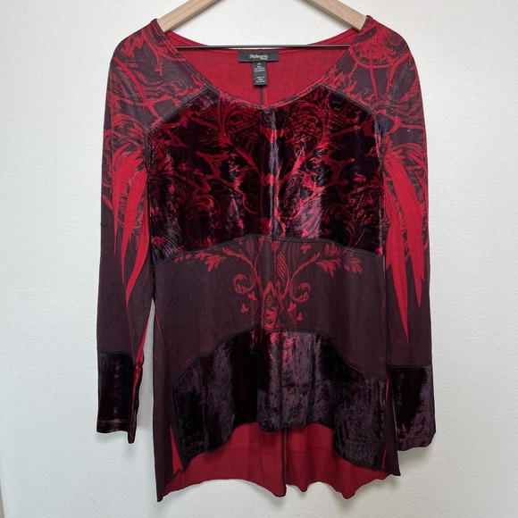 Style & Co Women Tunic Top XL Red Patchwork Velvet Burnout Long Sleeve Paisely - Picture 1 of 10